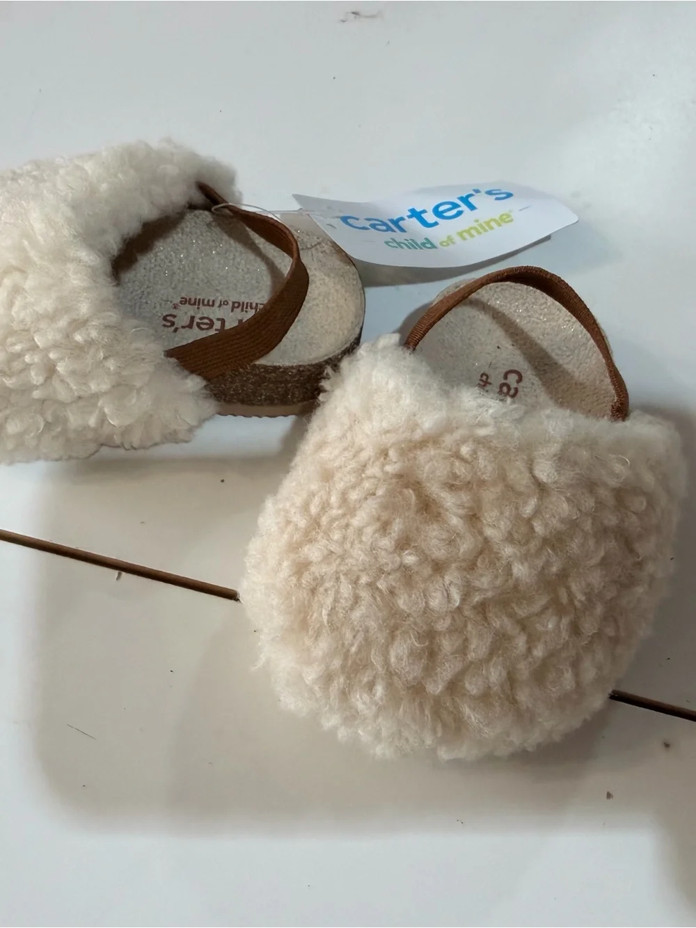Carter's Cream Sherpa Baby Slippers with Brown Strap